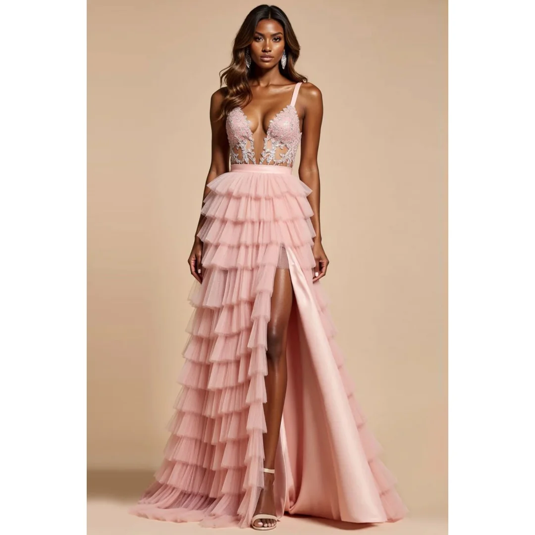 

Pink A Line Prom Dresses with Slit Spaghetti Straps robes de soirée Ruffled Wedding Party Dress Customized Formal Occasion Gown