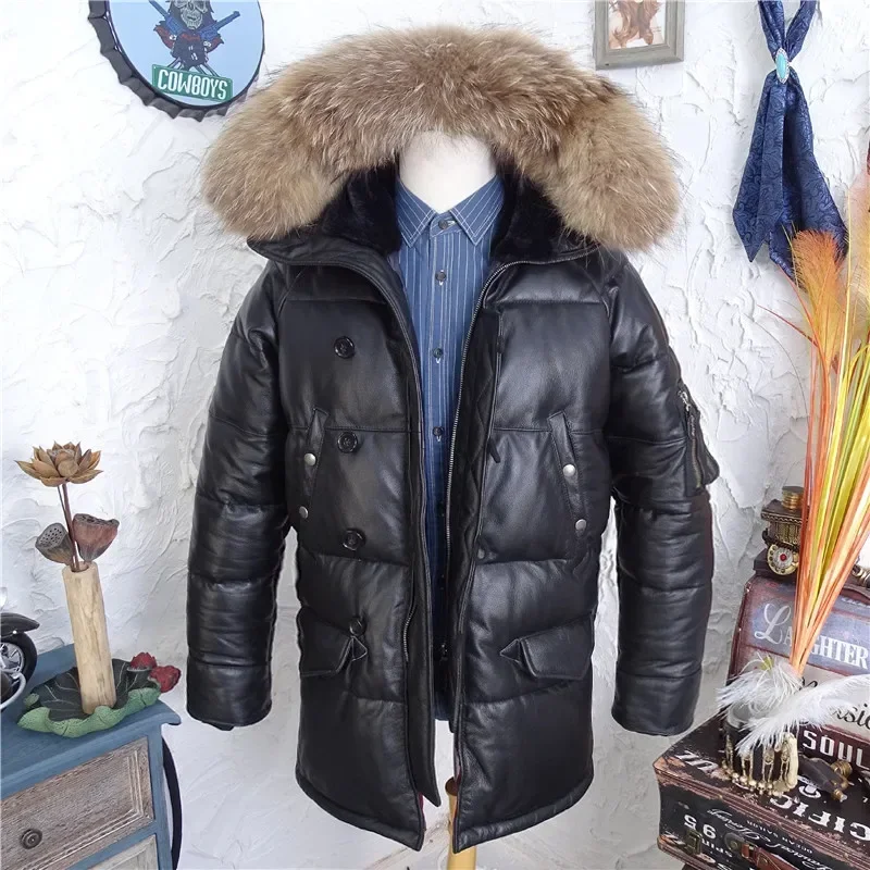 Manteau en duvet de résines pour hommes, cuir de mouton véritable, veste chaude pour hommes, se joint en fourrure de raton laveur, tissu à capuche noir, plus surdimensionné, 2024, xxxxxxl