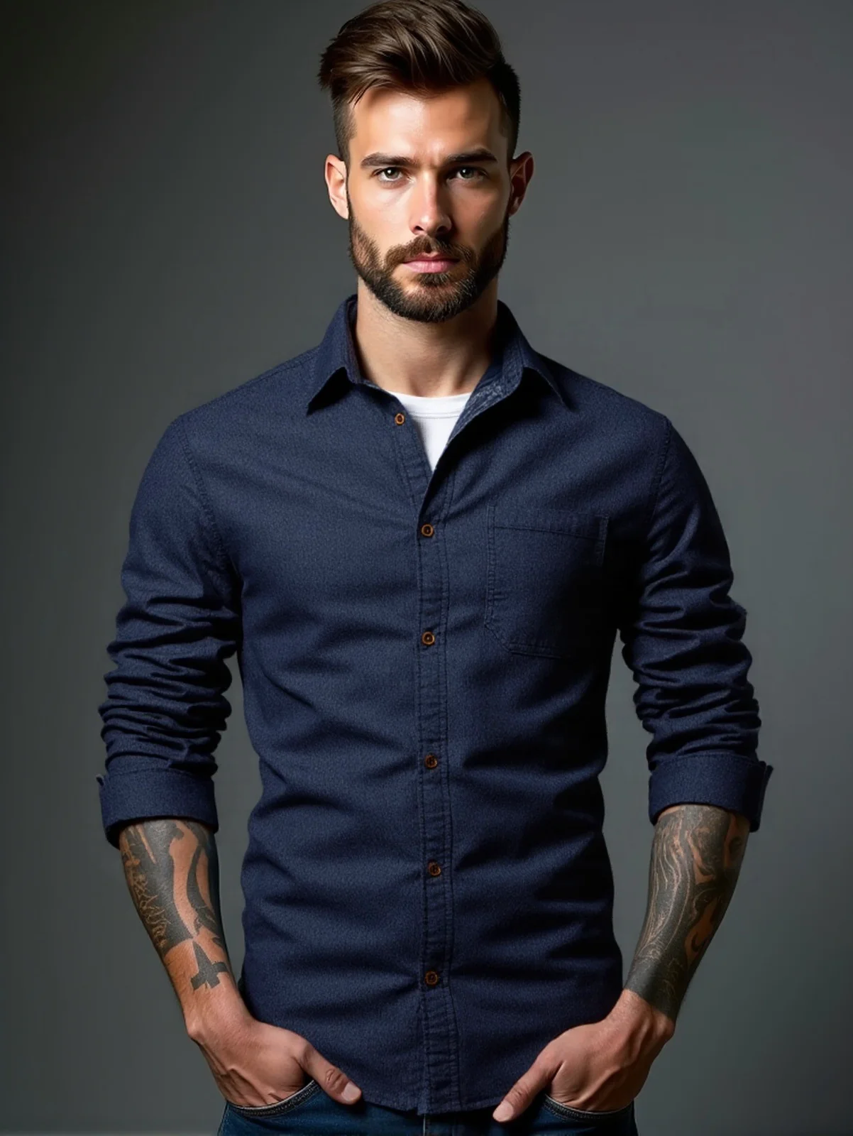 

Мужская осенняя джинсовая рубашка с коротким рукавом из мягкого хлопка с одним карманом, тонкие легкие эластичные джинсы, ковбойская рубашка, мужские рубашки