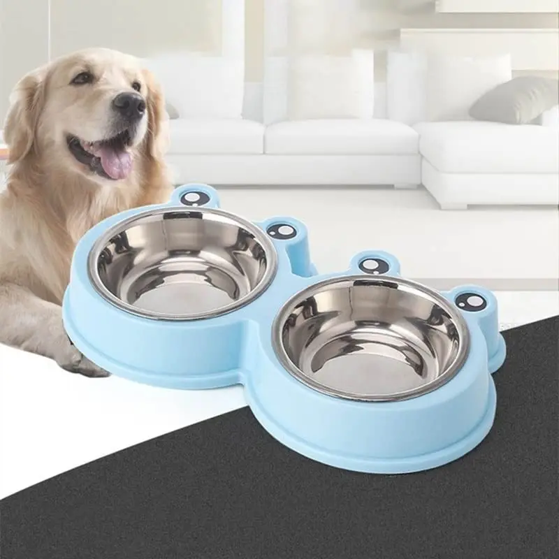 Pet Dog Food Feeder Double Bowl Stainless Steel Rounded Cute Cartoon Frog Style Thickened Combo Anti-skid