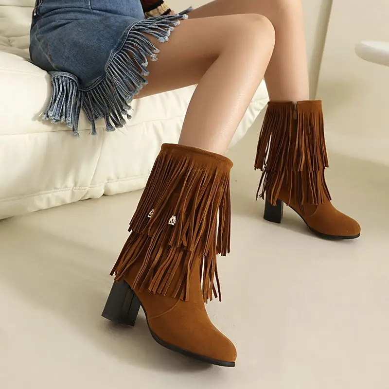 

Girseaby 2025 Women's Fringe Mid-Calf Boots Round Toe 6.5cm Chunky Heel Zipper Flock Suede Big Size 46-48 Fashion Dating Style