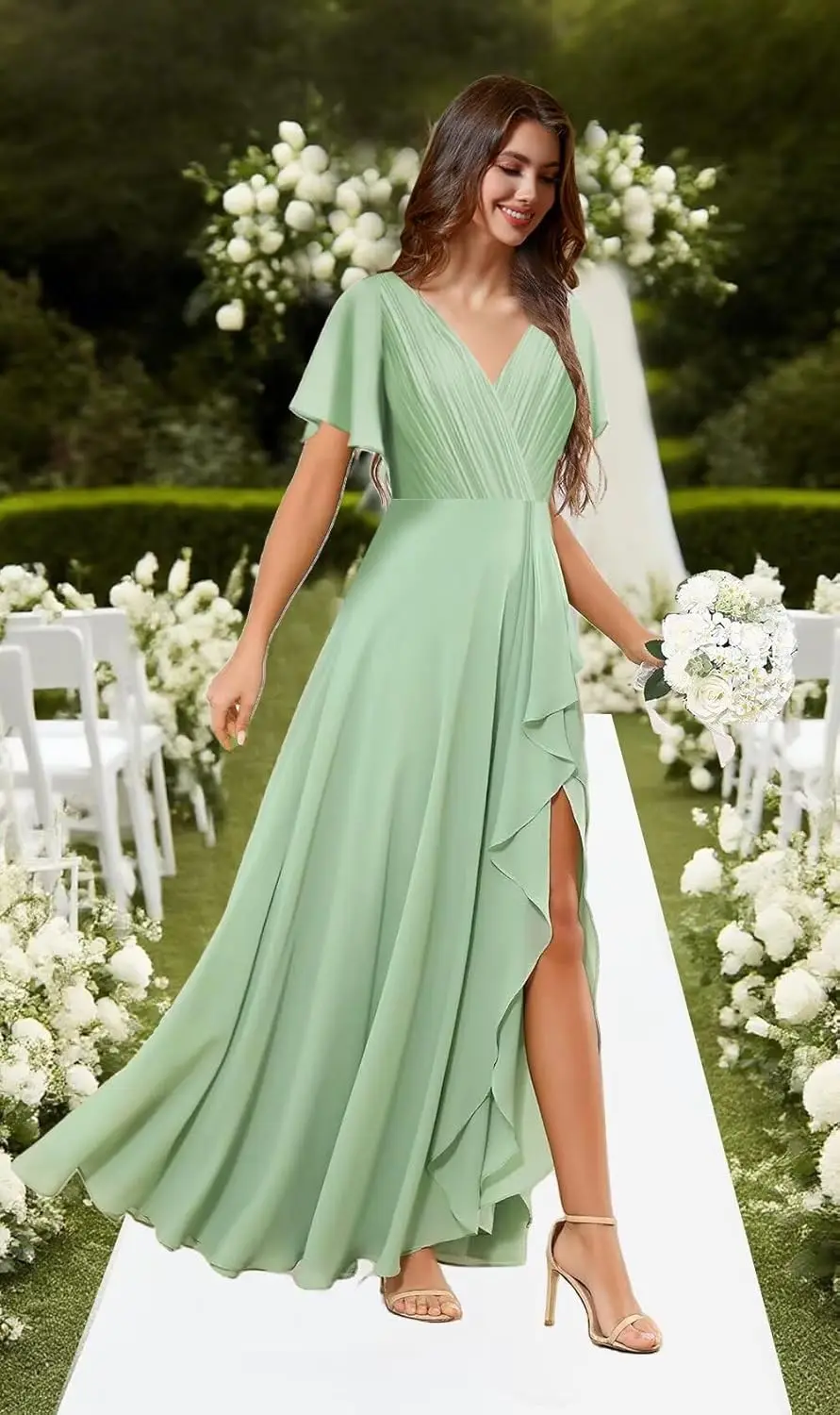 فساتين وصيفة الشرف من الشيفون برقبة على شكل V مع شق وكشكشة مطوي على شكل حرف A فستان رسمي بأكمام فستان رسمي أنيق للنساء