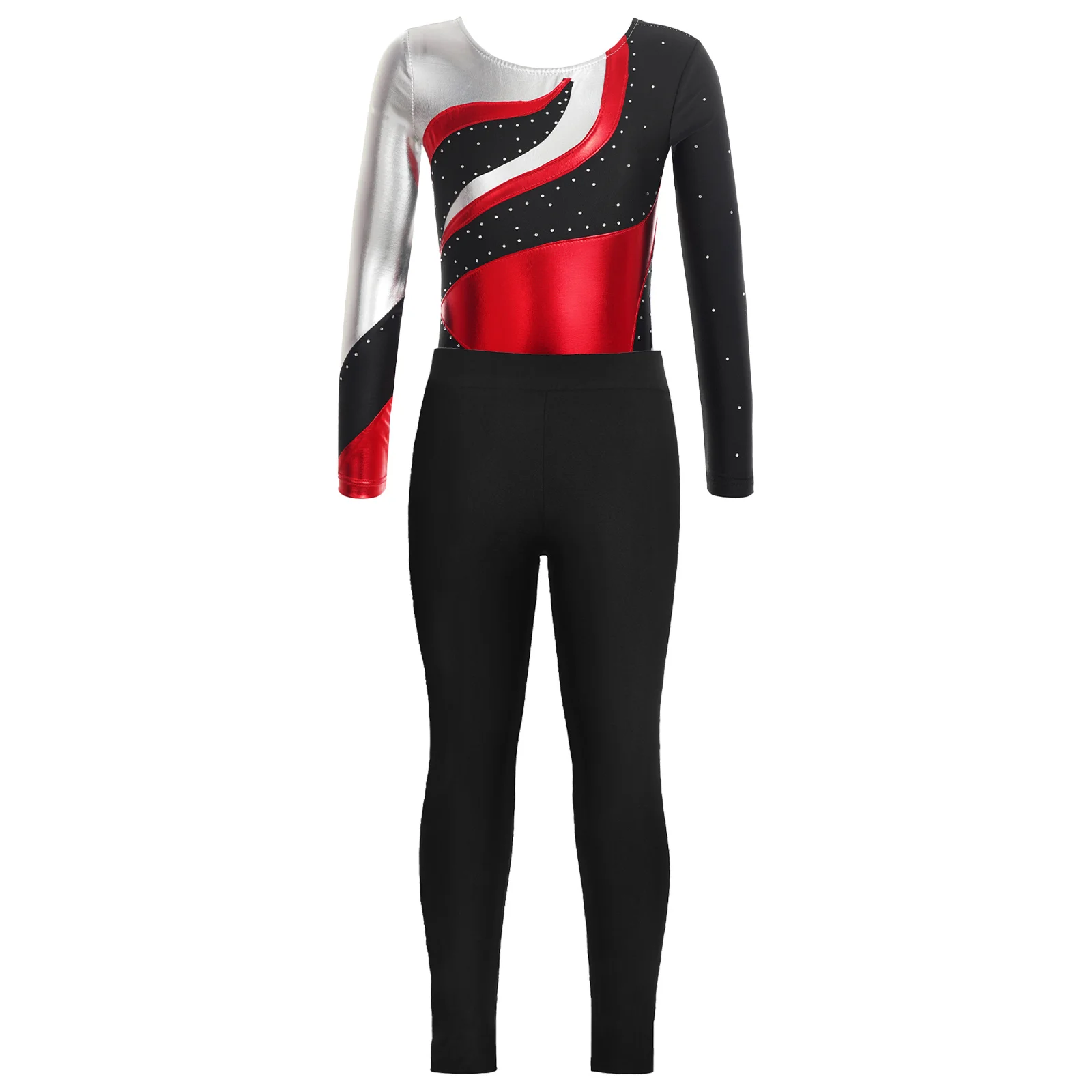 Children's Patchwork Ballet Gymnastics Jumpsuit with Leggings 6-16 Kids Dance Wear Set Teens Girls Long Sleeve Skating Leotard