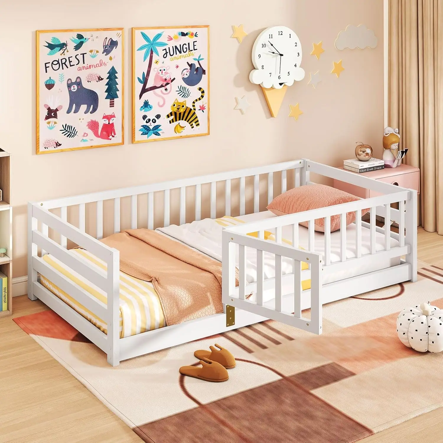 

Twin Floor Bed with High Fence & Door, Montessori Floor Bed with 21.5' Safety Guardrails, Solid Wood Twin Beds Frame for Kids