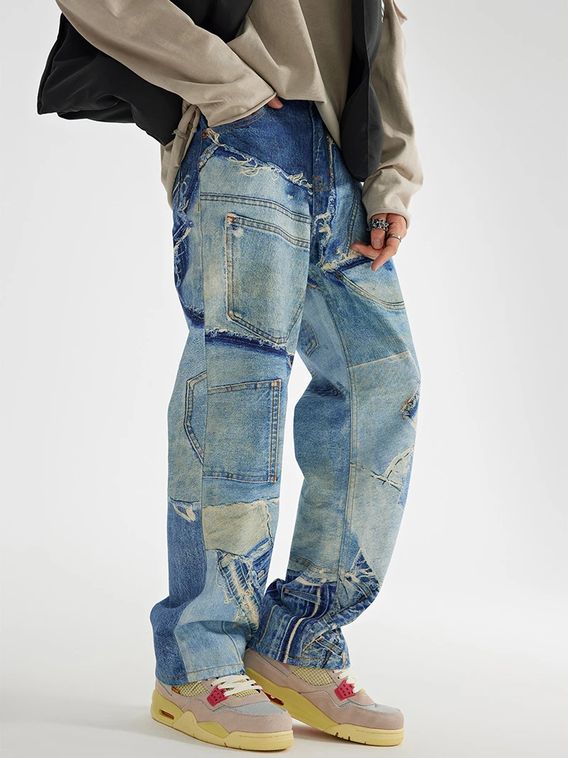 Fashion Fake Patchwork Printed Denim Jeans Mens New Casual Zipper Straight Loose Jeans Streetwear Hip Hop Baggy Pants Joggers