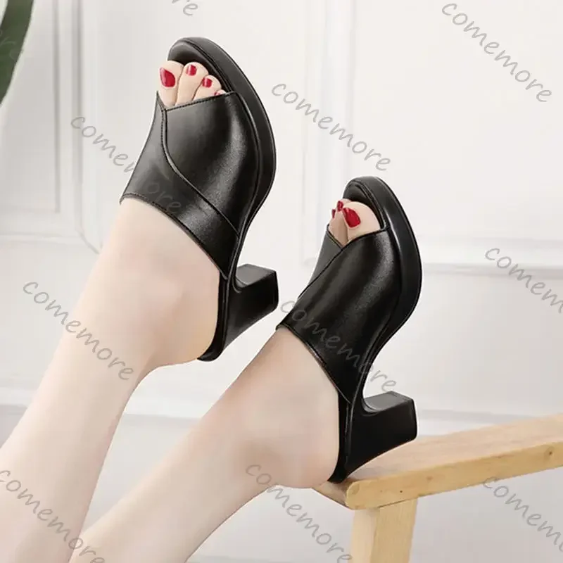 

Plus Size 35-42 High Heels Slippers Women's Platform Shoes Summer Block Heel Leather Black Slides Ladies Office Slippers Casual
