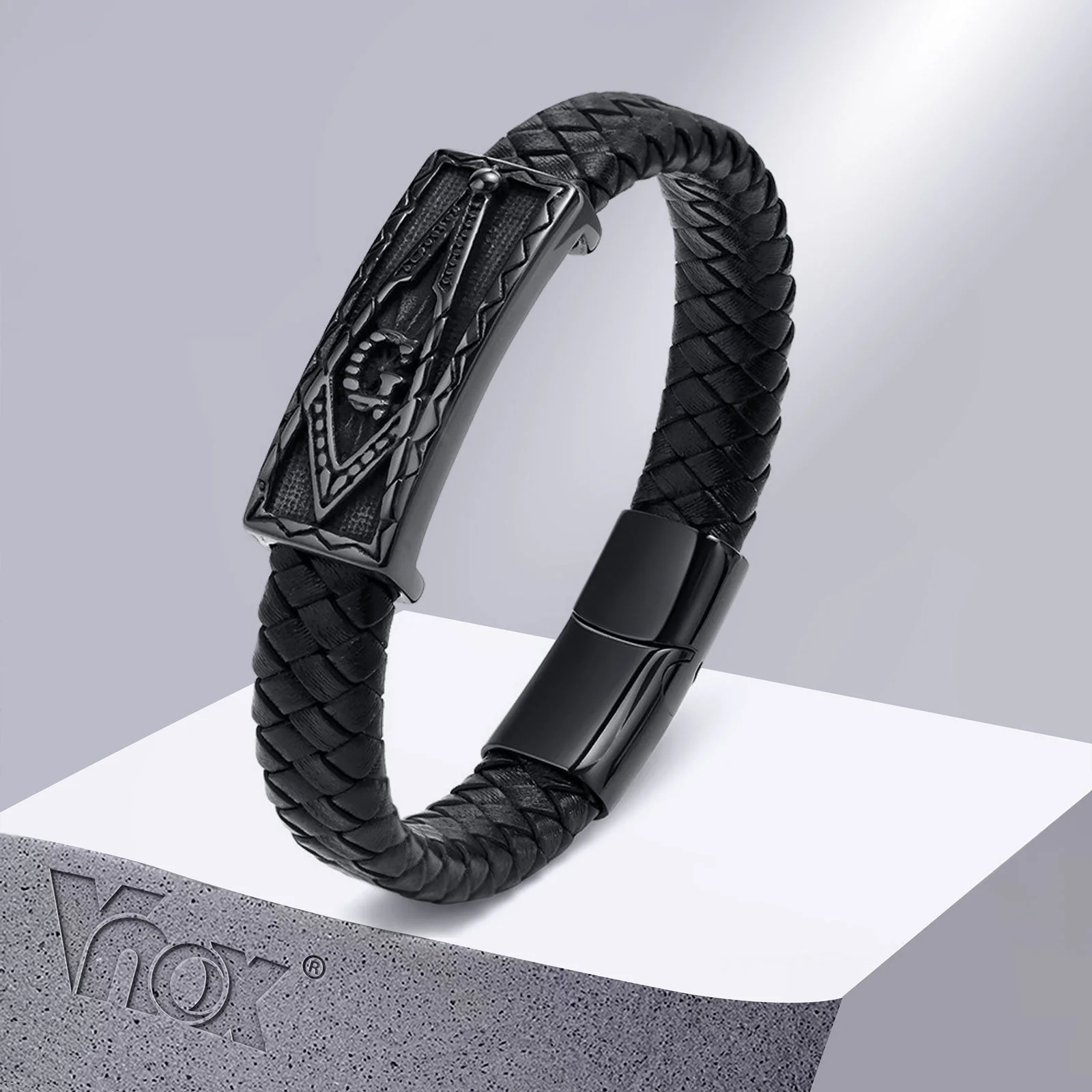 Vnox 15mm Masonic Bracelet for Men, Black Braided Genuine Leather Bangle with Free Mason, Punk Rock Male Wristband