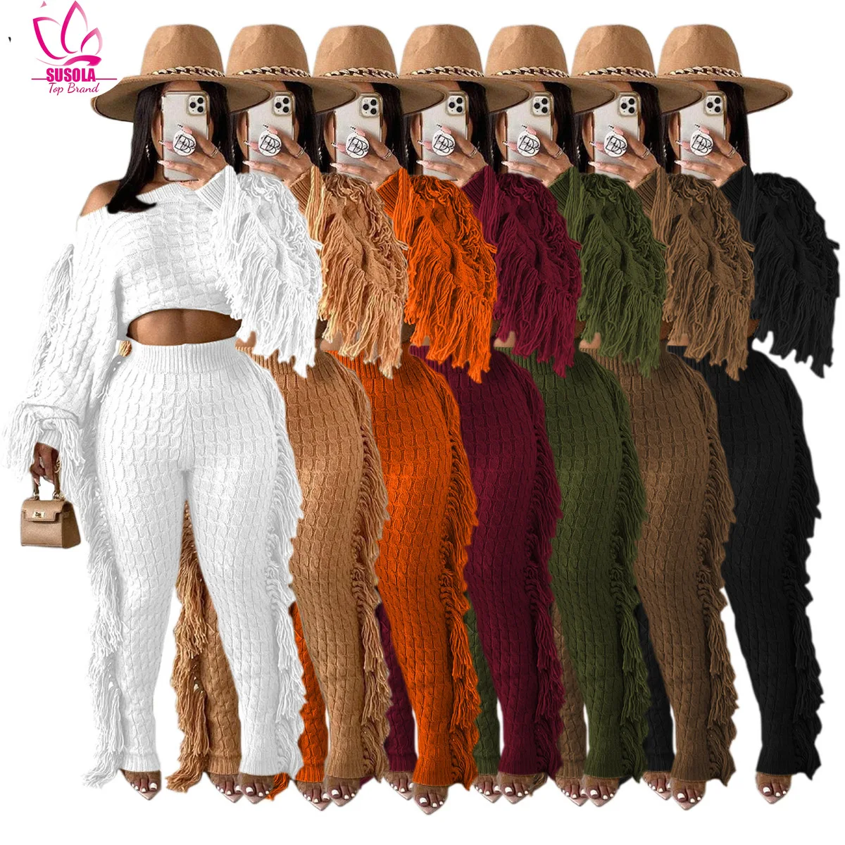 Women Winter 2pcs Suit Long Sleeve Short Top And High Waist Knitted Pencil Pants Set Casual Solid Color Knit Tassel Fringe Suit