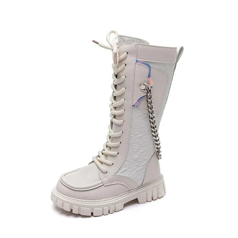 Children's Knight Boots Spring Autumn Long Boots Breathable with Chain Girls Catwalk Fashion Kids Boots