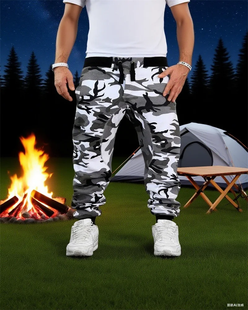 

2025 новые спортивные брюки для бега, мужские камуфляжные эластичные рабочие брюки, брюки с несколькими карманами на шнурке, повседневные брюки для бега