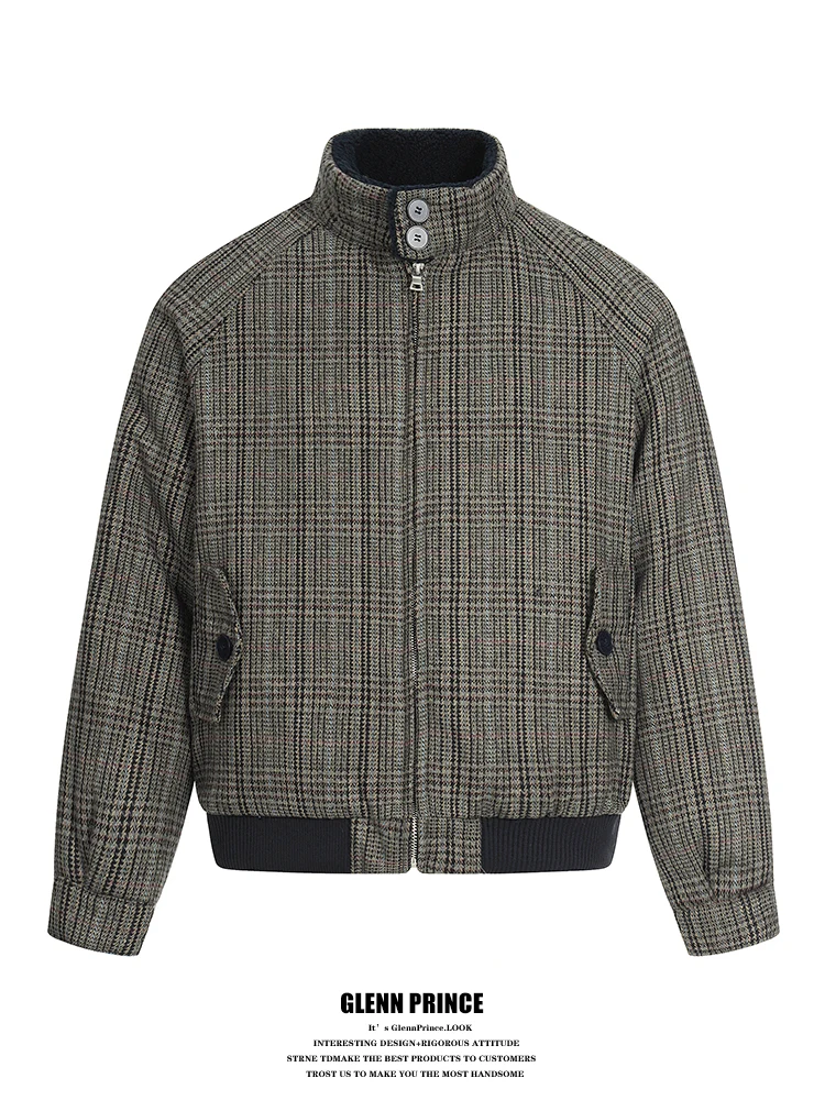 

Теплая хлопковая куртка мужская в клетку из шерсти, с широкой молнией, молодежная, повседневная, модная, утепленная, с наполнителем из полиэстера