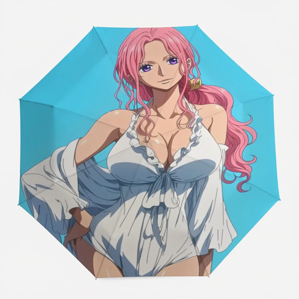 

One Piece Jewelry Bonney Pink Hair Purple Eyes White Outfit Blue Background Classic Anime Style Art Automatic Folding Umbrella W
