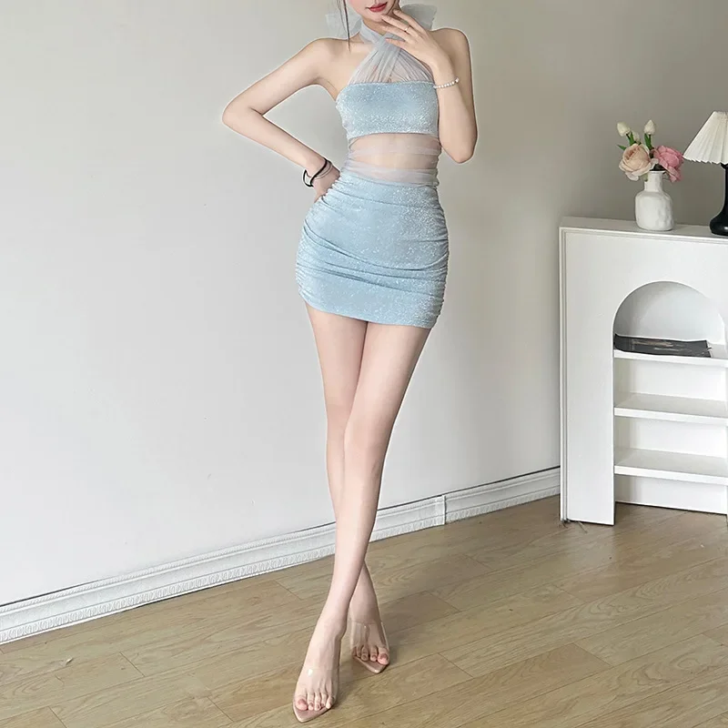 SKMY dames slim fit hoge taille geplooide mesh-jurk sexy effen kleur Europese Amerikaanse stijl hangend nekontwerp