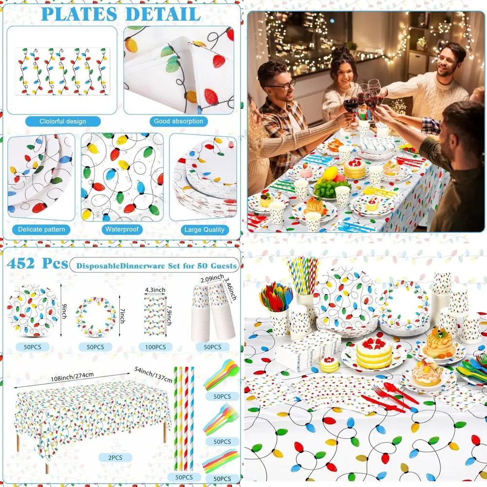 

50-Guest Christmas Party Essentials: 452-Piece Festive Decor Set with Lights, Plates, Napkins, Cups, and More