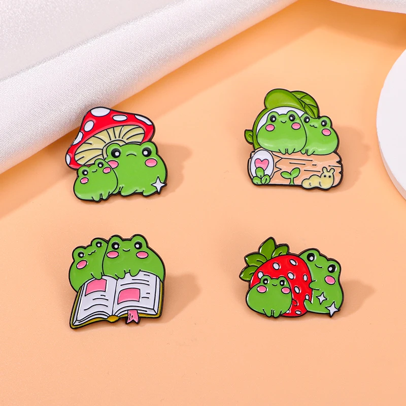 Kawaii Cute Cartoon Book Strawberry Mushroom Frog Couple Enamel Pins Brooches For Backpack Jewelry