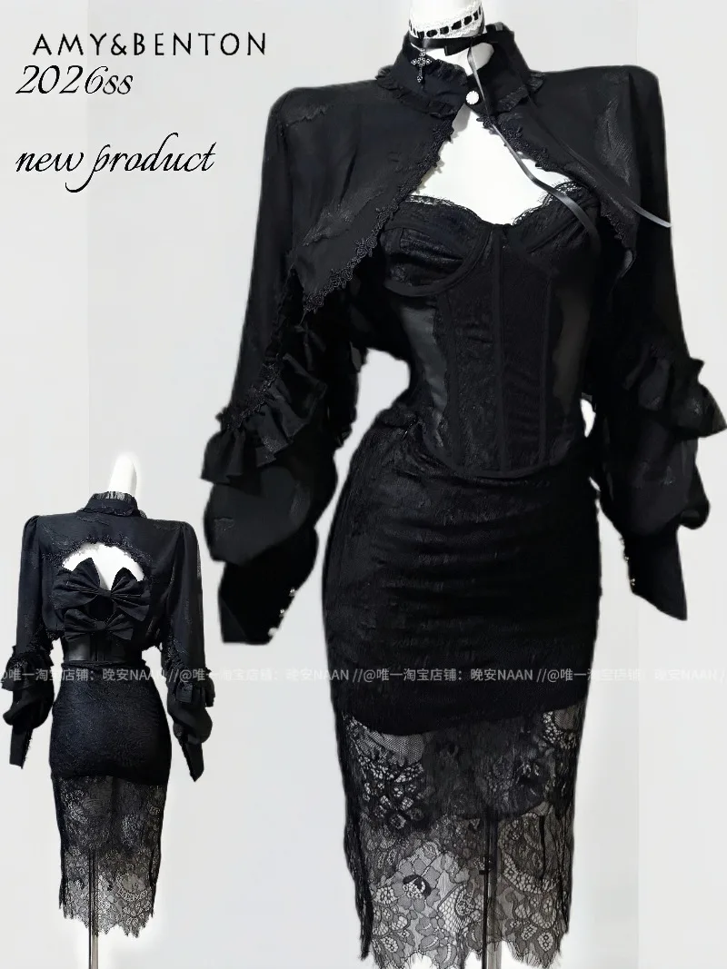 

Готический комплект в стиле Dark Lolita: вечернее платье, сексуальный кружевной топ без бретелек, сексуальная юбка А-силуэта, черный комплект из двух предметов для женщин