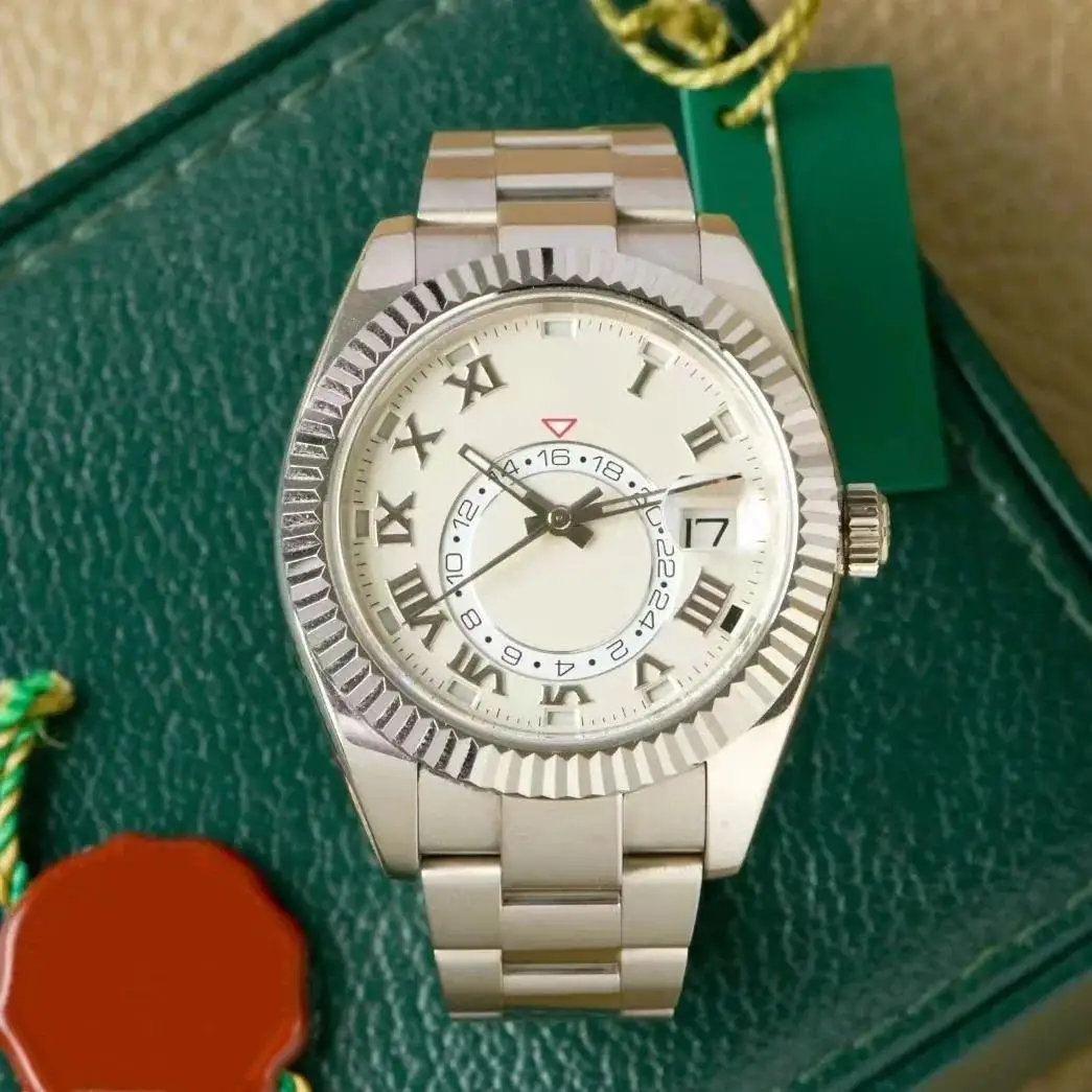 ساعة أوتوماتيكية فاخرة للرجال ساعات ميكانيكية ستانلس ستيل أخضر أسود تقويم سكاي بلو Dwellers عرض توقيت مزدوج