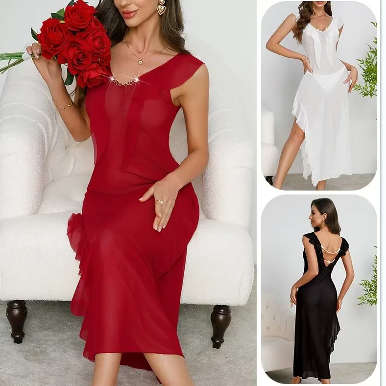 

New Summer Transparent Sexy Hot Female Lingerie Chain Pearl Long Dress Deep V-neck Sleeveless Adult Sexys Women Pajamas Black