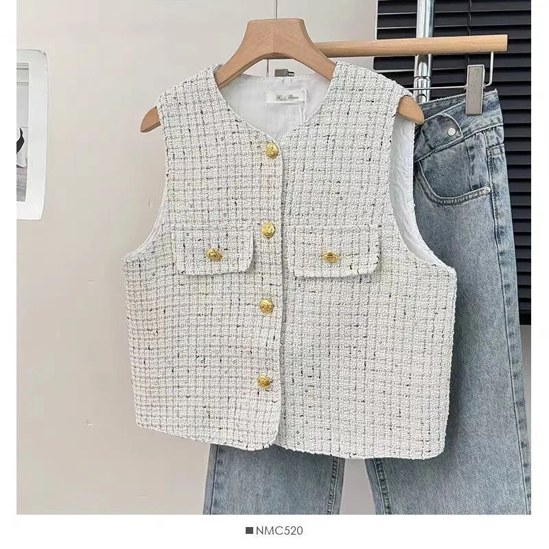 French Elegant Simple Office Lady Sequined Tweed Vest Sleeveless 2024 Jacket Spring Autumn New Short Chic Top