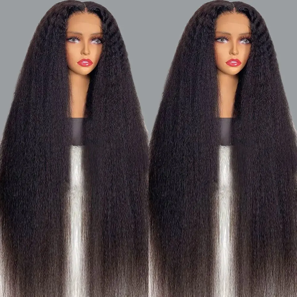

Kinky Straight Human Hair Wig 13X6 HD Transparent Lace Frontal Wigs Yaki Straight 300% Density Human Hair Wig Natural Black