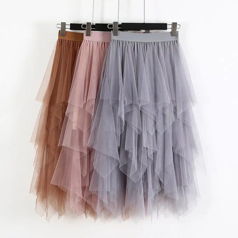 

Women High Waist Ruffles Mesh Long Tulle Skirt Irregular Hem Mesh Tutu Skirt Lady Elegant Solid Party Gown Skirt