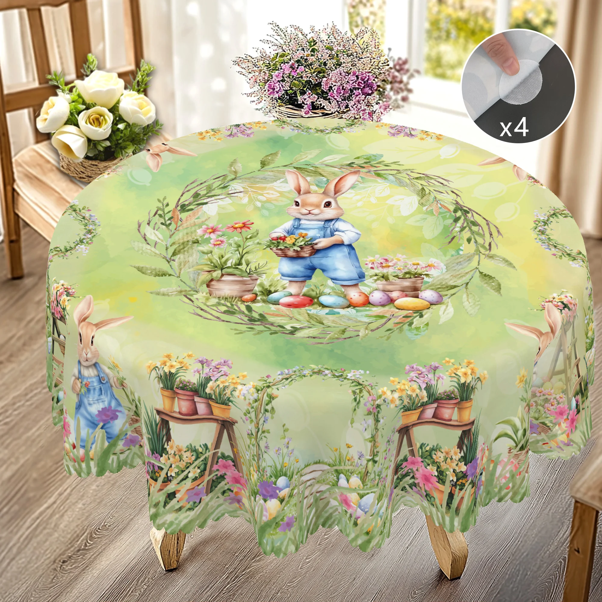 1 Easter Round Tablecloth, 5 Sizes Available, Retro Style Garden Easter Bunny Egg Print Tablecloth, Edge Embossing Process, Spring Garden Tablecloth