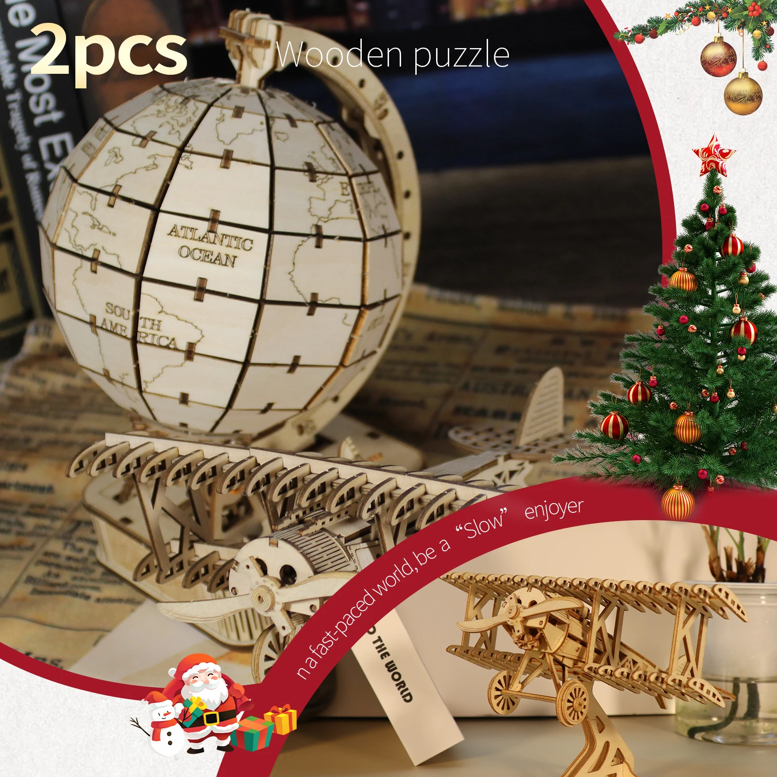 2 ชิ้น 3D ปริศนาไม้ งานฝีมือ DIY ทำจากไม้ รูปเครื่องบินสองปีกและลูกโลก ชุดโมเดล ของขวัญวันเกิดคริสต์มาสทำด้วยมือ