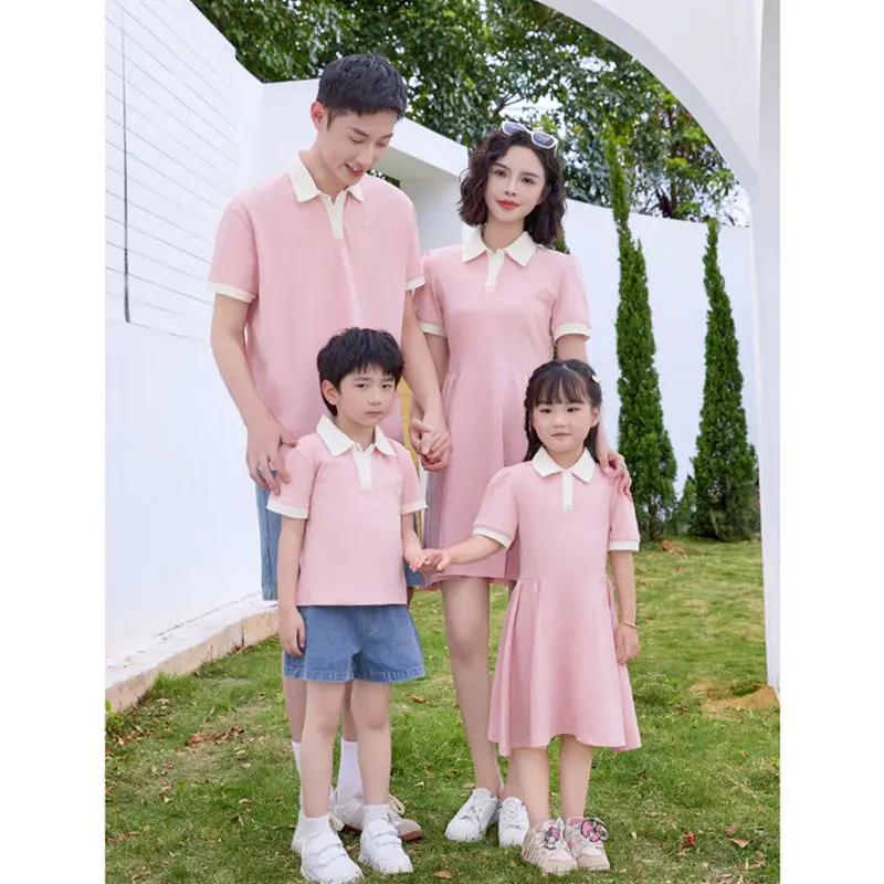 Family Couple Matching Pink Outfits Parent-child Sister Brother Clothes Father and Son Polo Shirts Mother and Daughter Dresses