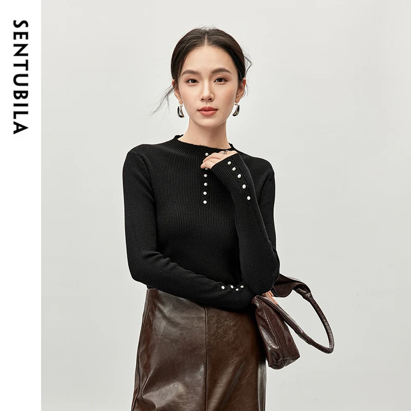 SNTUBILA Slim Fit Dzianinowe Wełniane Pulowery Dla Kobiet 2024 Jesień Mock Neck Długi Rękaw Pearl Cup Solid Basic Women Tops W43E57250