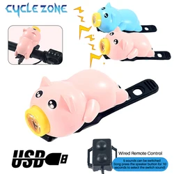 Bike Front Light with Horn Children Cartoon Piggy Bicycle Handlebar Lights Rechargeable Night Riding Kids Flying Pig Bell Lamp
