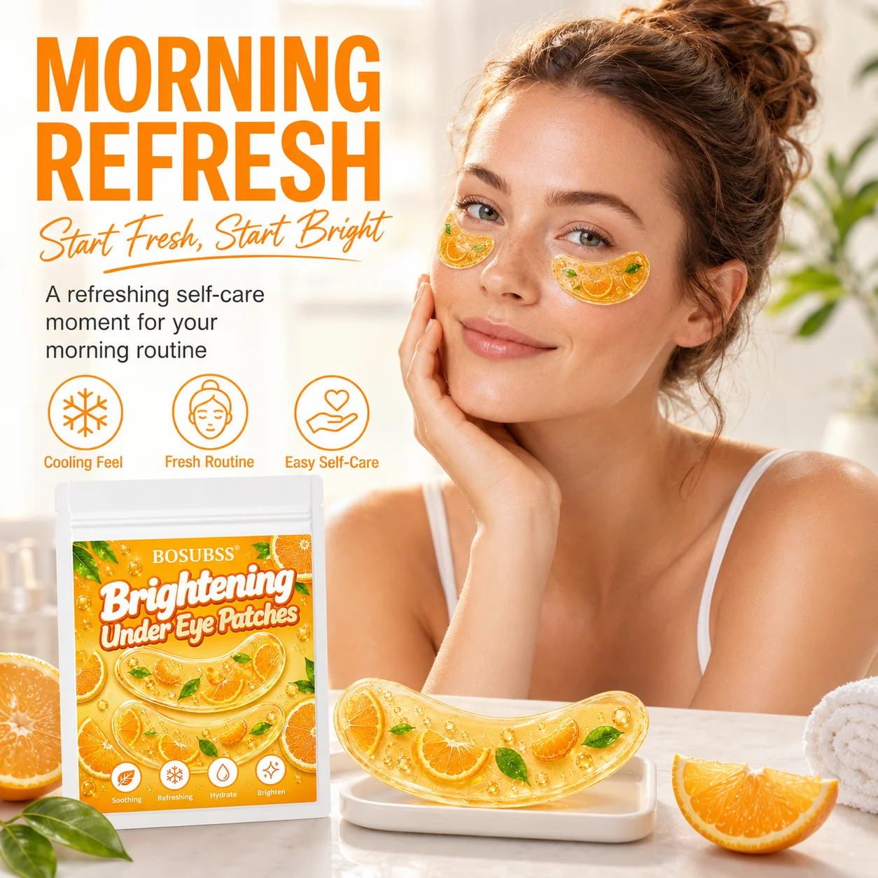 10PCS/5Pairs Orange Under Eye Beauty Patches, Soft Gel-Feel Citrus Print Eye Patches with Curved Easy-Peel Design for Daily Self