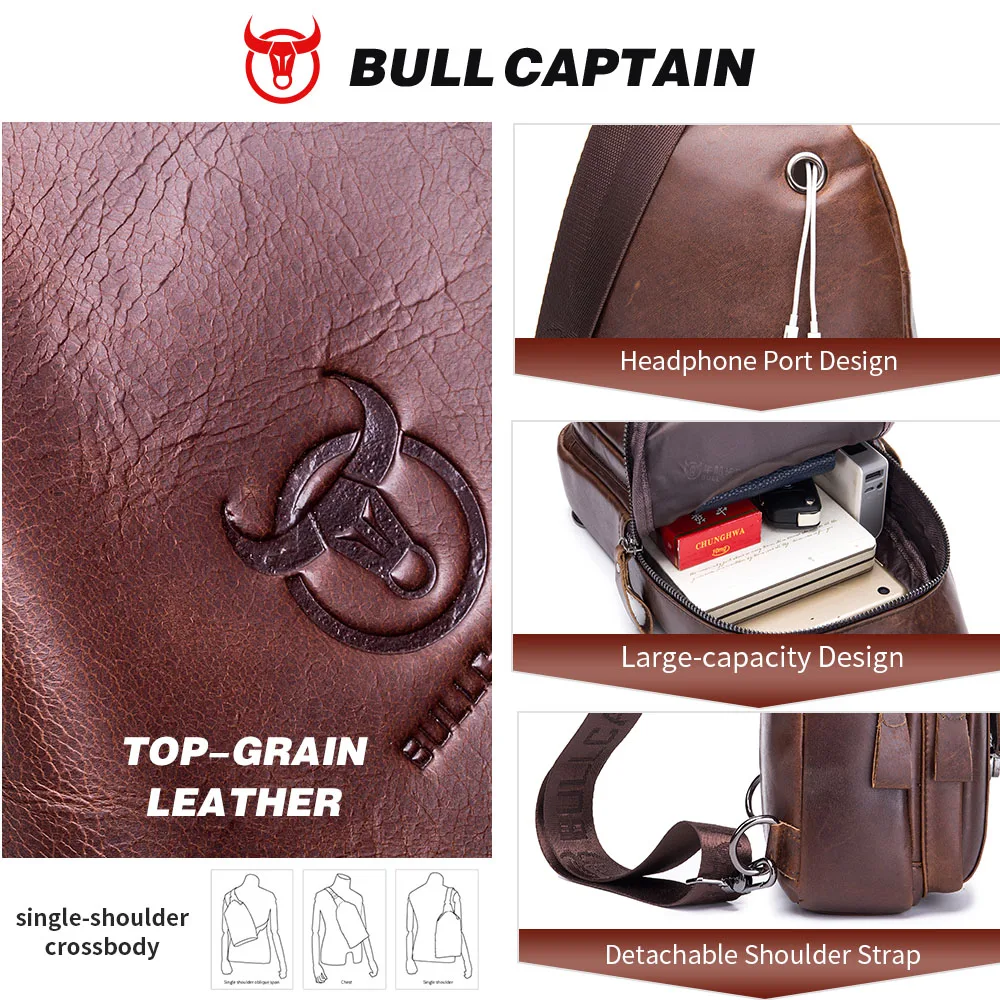 BULLCAPTAIN Genuine Leather Chest Back Pack Chest Bag Men Fashion Messenger Bag\'s Multifunctional Card Bages Mobile Phone Bags