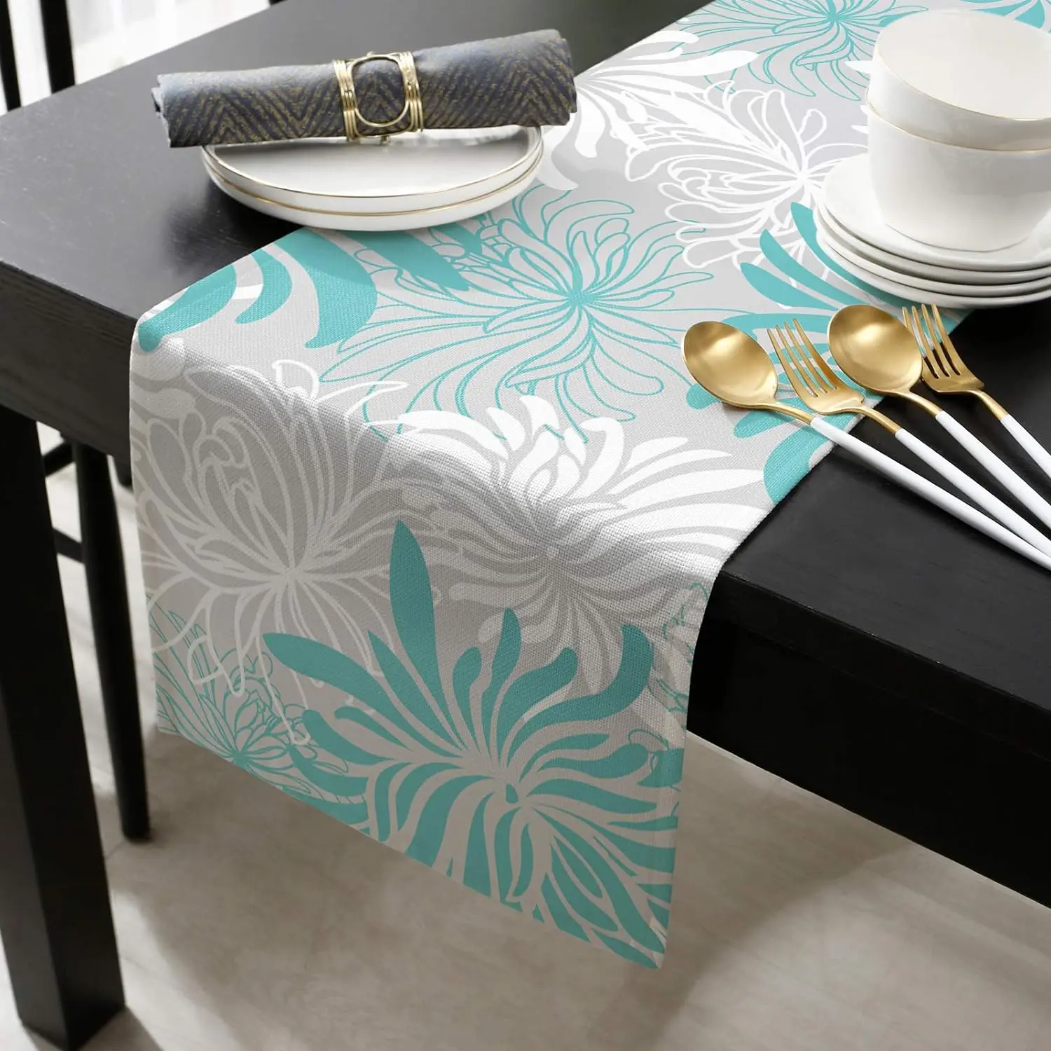 Aqua Chrysanthemum Flowers Linen Table Runners Dresser Scarves Table Runners Farmhouse Dining Table Runners Party Decorations