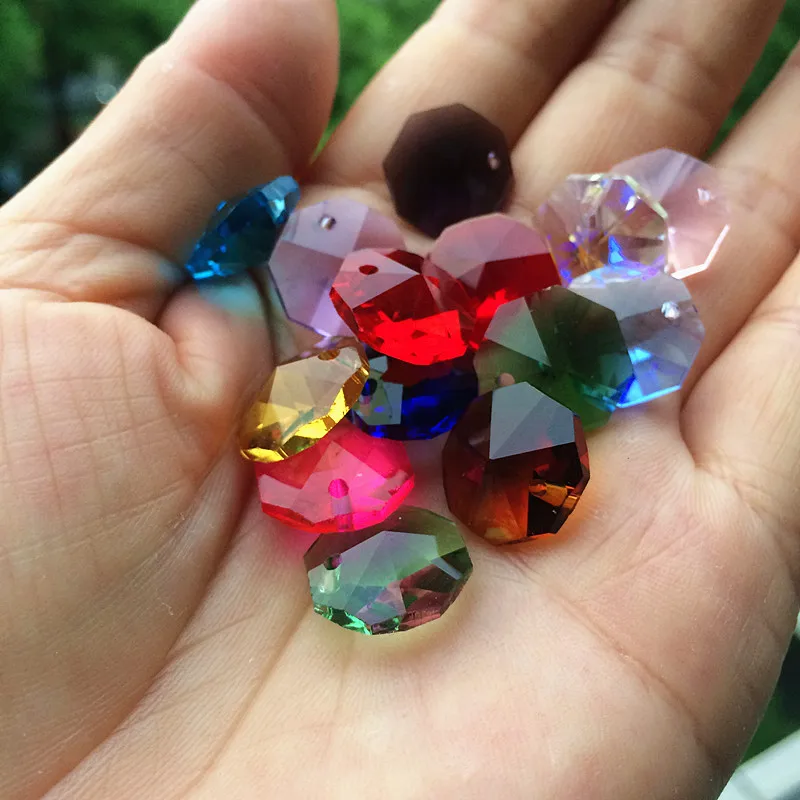 Top Quality 20pcs Multicolor 14mm Crystal Octagonal Beads In One Hole K9 Crystal Chandelier Parts Accessories DIY Wedding & X-tr