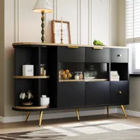 Sideboard Dining Room Living Room Storage Cabinet with Sliding Glass Door and LED Light Wooden Kitchen Furniture Black