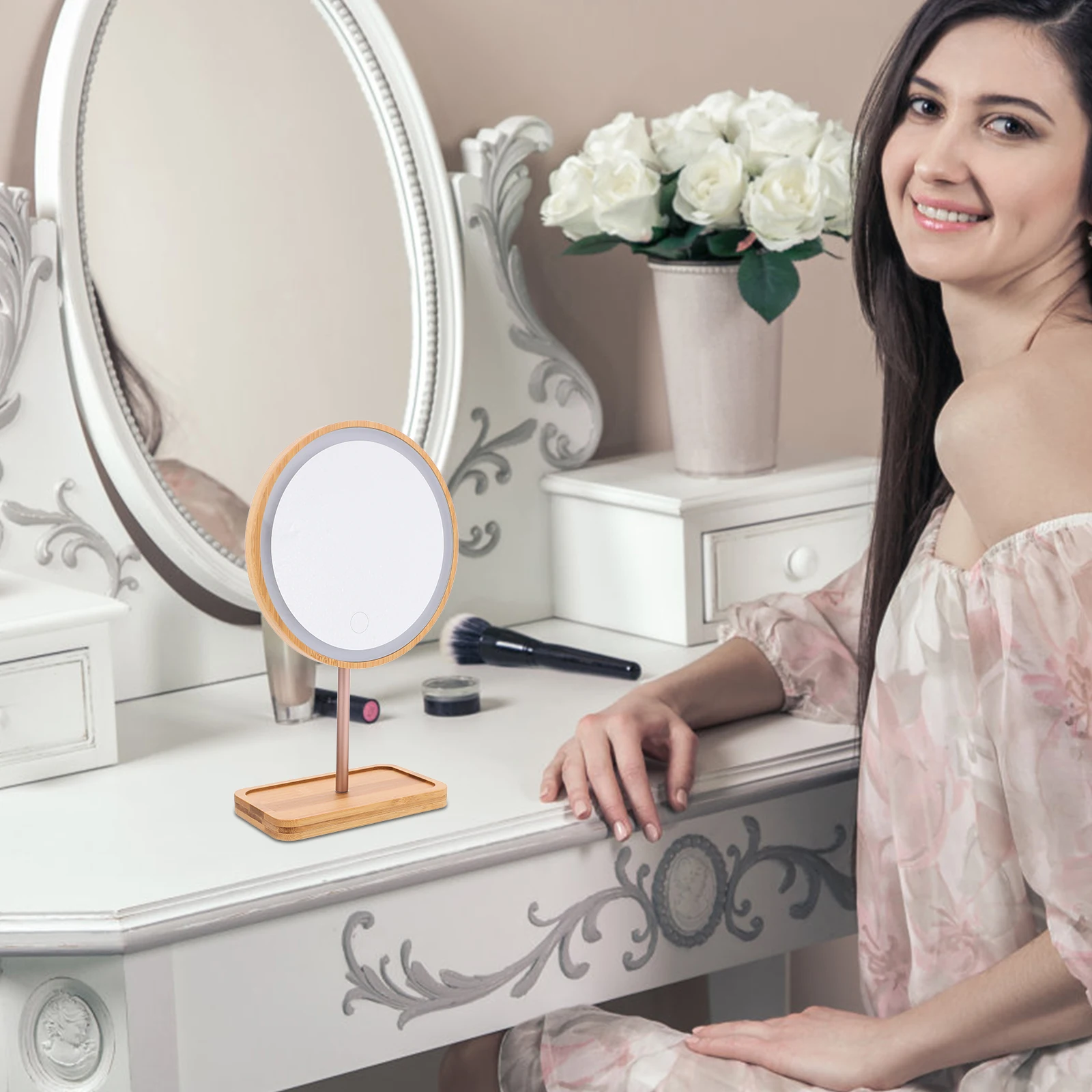 

Wooden LED Lighting Makeup Mirror with Tray for Dressing Tables Stylish Modern Decor Long Serving Life Makeup Mirror