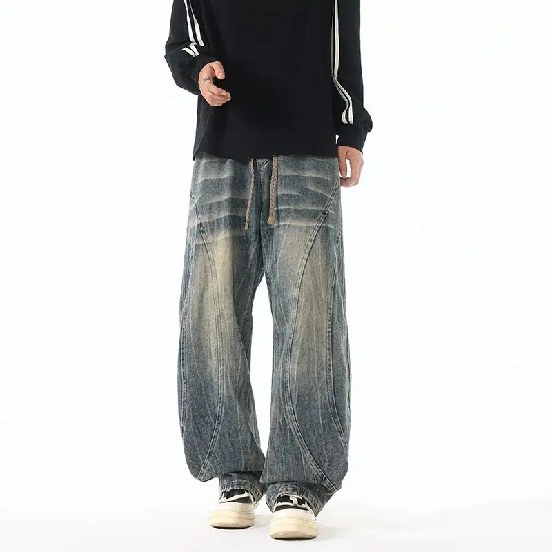 

Мужские весенне-осенние повседневные брюки, большие свободные потертые брюки в стиле ретро, джинсы с разрезом, прямые широкие брюки