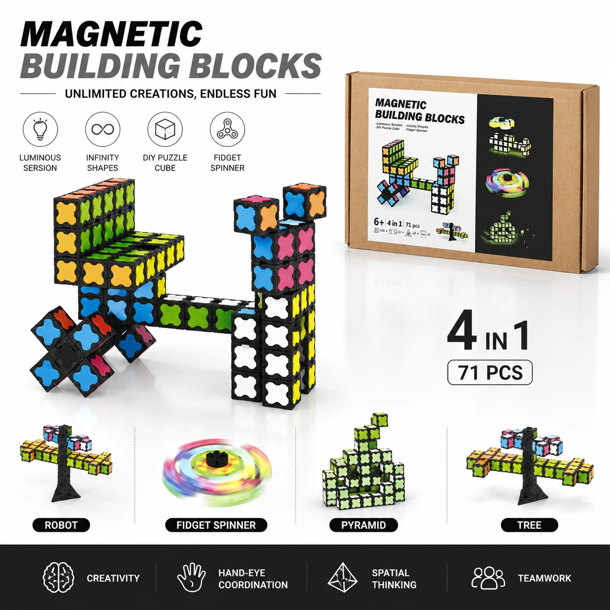 2026 71 Pièces Blocs de Construction Magnétiques 4 en 1 Cube Lumineux Fidget Spinner Jouet Éducatif Créatif