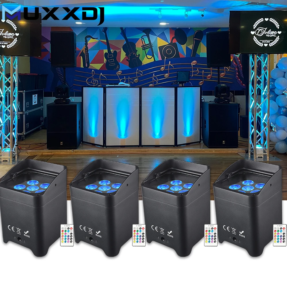 

MUXXDJ 4-компонентный свадебный перезаряжаемый беспроводной DMX 6x18 Вт 6-в-1 DJ-светильник с питанием от батареи и ИК-контроллером, звуковые огни для вечеринок