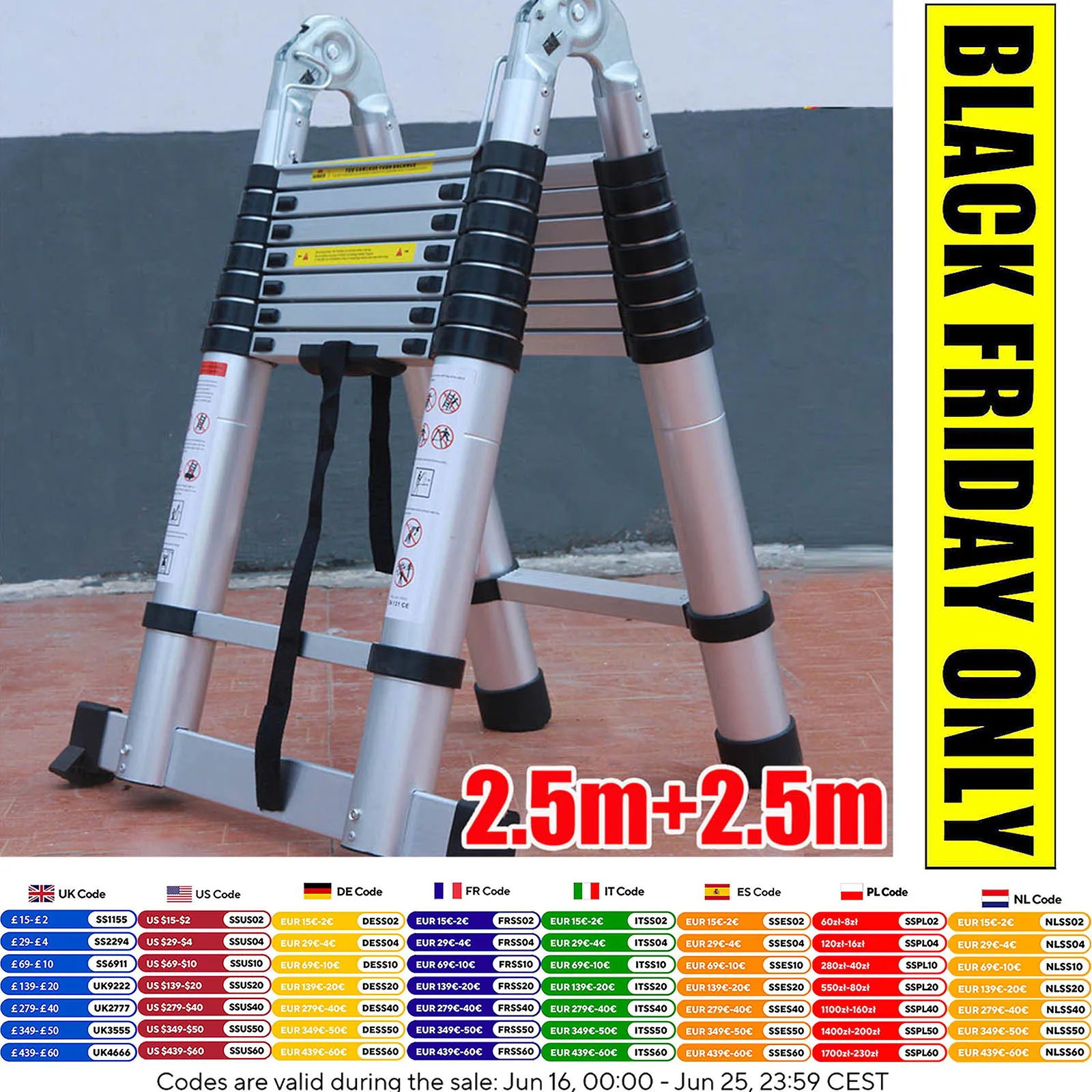 Scala pieghevole telescopica 2.5M + 2.5M Scale a soppalco resistenti multiuso con telaio ad A 16,5 piedi in alluminio con stabilizzatore Strumenti domestici