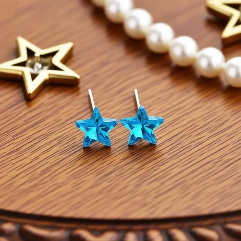 Simple 925 Sterling Silver Blue Five-pointed Star Crystal Zircon Stud Earrings for Women Girls Wedding Party Trendy Jewelry Gift