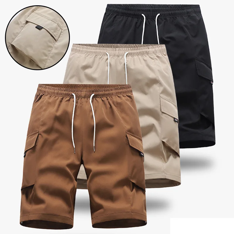 Multi Pockets Shorts Men Waistband Solid Color Loose Fitness Cargo Drawstring  Streetwear Clothing Baggy