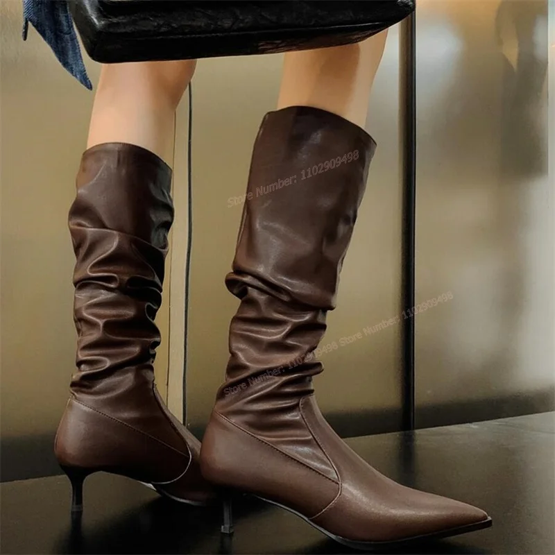 

Brown Pointed Toe Knee High Boots Pleated Matte Leather Shoes for Women Strange Style Heels Sexy Shoes 2023 Zapatos Para Mujere