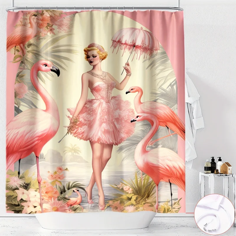 Ywjhui Flamingo & Elegant Lady printed shower curtain, cartoon animal bird theme polyester bath decor, water-resistant knit WEAV