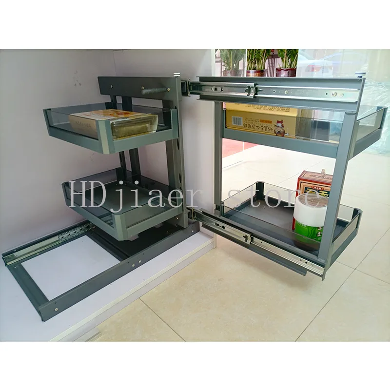 

Drawer style storage rack tempered glass at the corner of the cabinet fully pull-out basket built-in kitchen