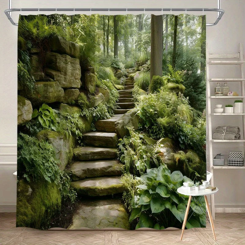 Rideau de douche Woodland 180x180cm – Chemin forestier avec mousse et arbres, décoration de salle de bain dans la nature tranquille, 12 crochets