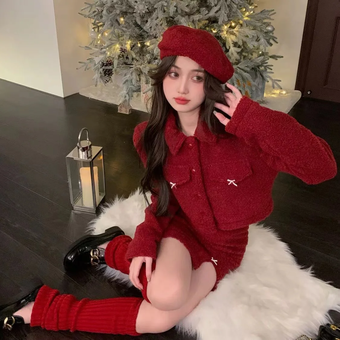 Wealthy Heiress Classic-inspired New Year\'s Set, Autumn Winter Party Outfit Top Jacket and Skirt, Red Two-piece for Women Female