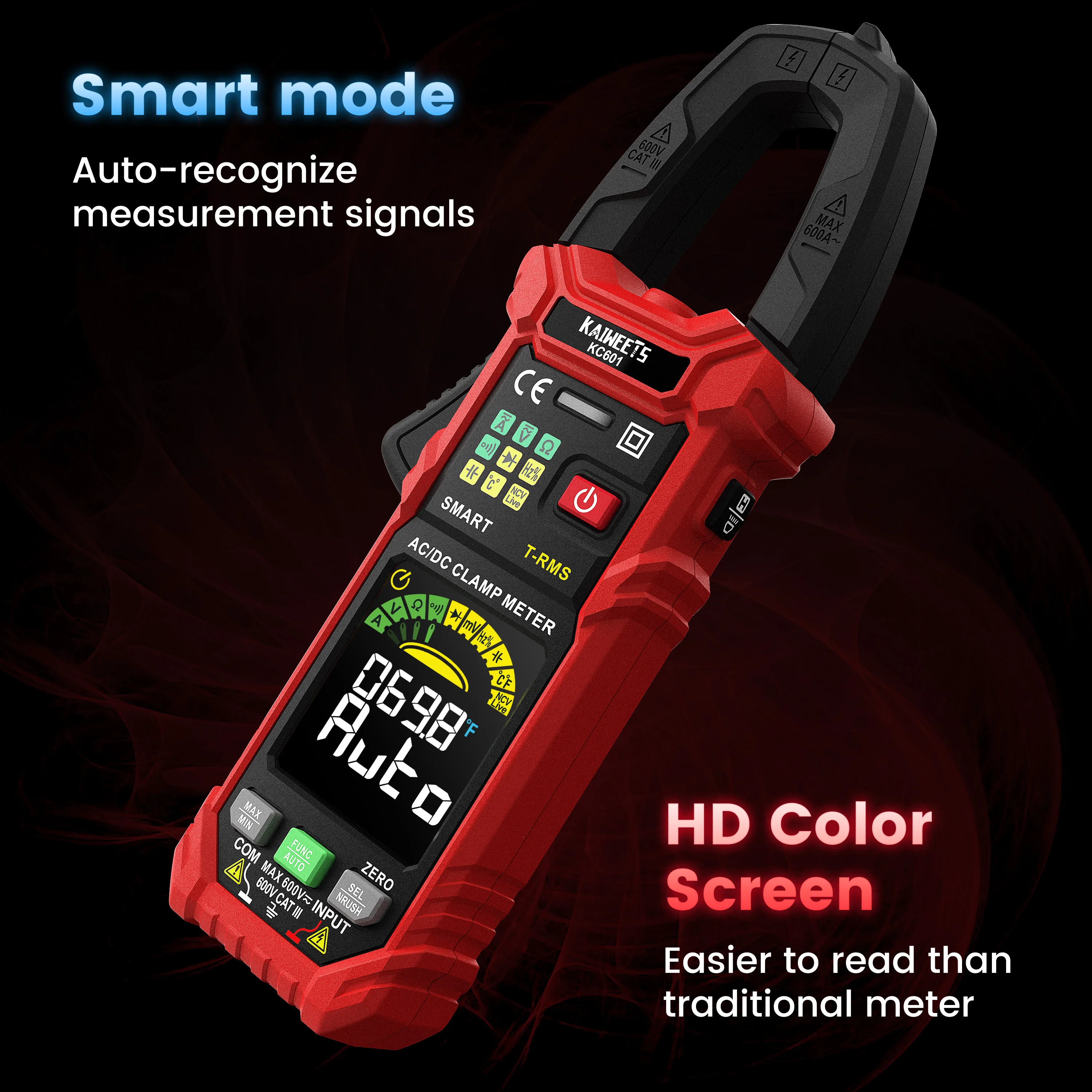 KAIWEETS KC601 AC/DC Current Digital Clamp Meter 6000 Counts 600A Amp Multimeter Large Color Screen Voltage Tester  Meters