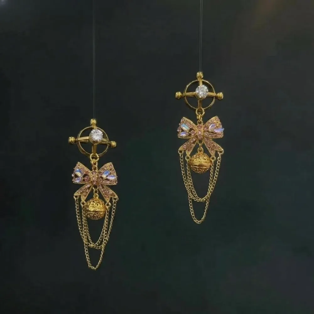 Handmade Adjustable Cross Nipple Clamps Clips, Luxury Gold Bow & Bell, Rhinestone BDSM Bondage Fetish Jewelry for Women Couples