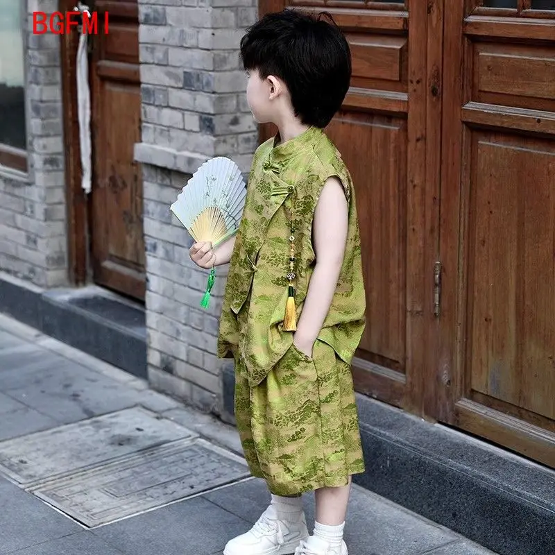 Summer Suit for Boy Outfit New Sleeveless Antique Tang Style Clothing Vest Shorts Children's Chinese Style Performance Costume